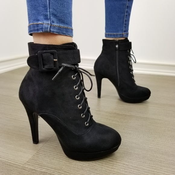 Black Faux Suede Heel Lace-Up Ankle Booties - Picture 4 of 8
